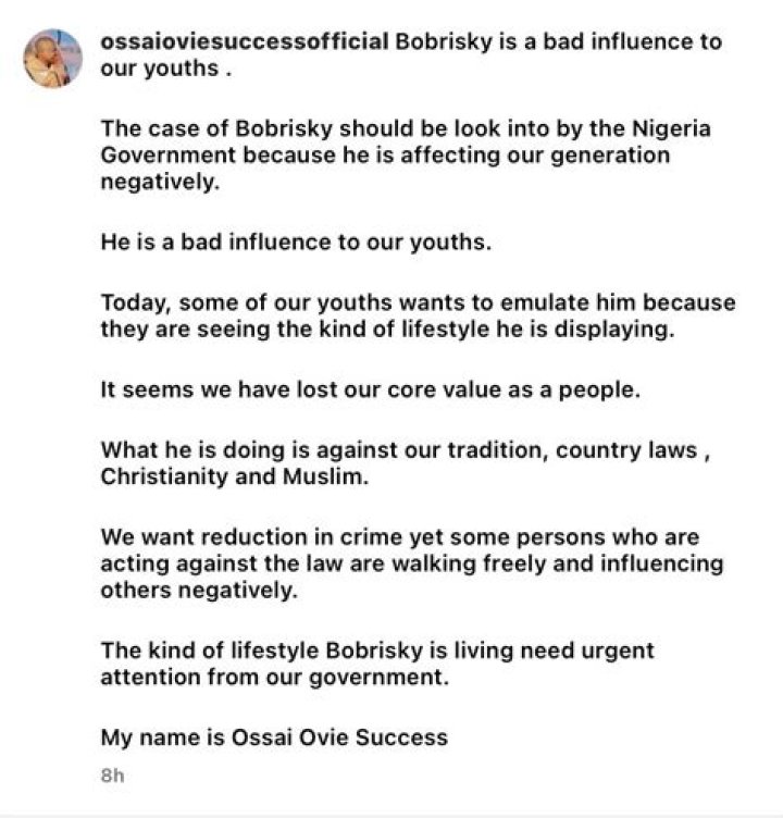 
Gov Okowa’s aide, Ossai Success raises alarm over the lifestyle of Bobrisky 
