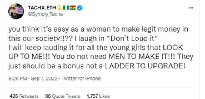 
“People Are Pained That Men Don’t Sponsor Me” BBNaija Tacha Shows Off Her Bragging Rights As She Calls Out Her Haters 