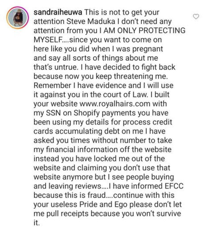 
Sandra Iheuwa have accused Steve Maduka 