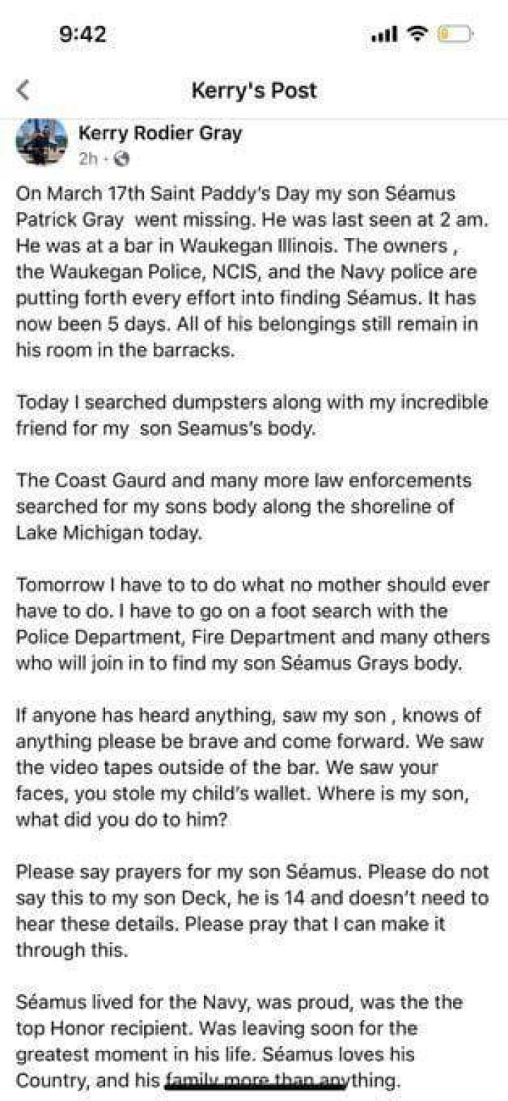 
Where was Seamus Gray last seen? Mother of missing navy sailor pleads with Waukegan community to help find son 